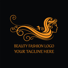Elegant Beauty Fashion Logo Design with Flowing Hair Silhouette in Orange on Black Background
