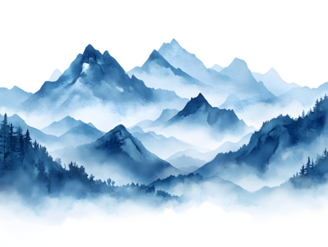Misty blue mountain range with evergreen trees watercolor art isolated on transparent background