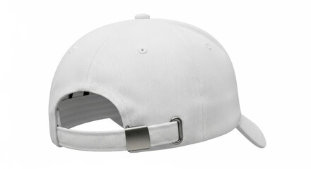 Fototapeta premium White baseball cap, rear view, adjustable strap, metal buckle, minimalist design