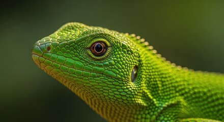 Fototapeta premium Green lizard portrait, scales detailed, eye focused, natural blurred background
