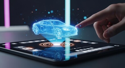 Hand interacts with holographic car projection on tablet