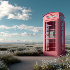 Obraz premium Pink telephone booth stands in field of wildflowers under blue sky with clouds, evoking nostalgia and tranquility