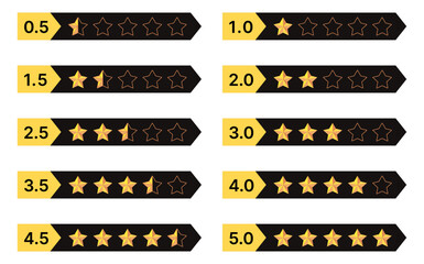 Gold five star rating icon set on transparent background. Vector Illustration flat icon with lighted yellow golden and line stars for reviews, feedbacks products and services.