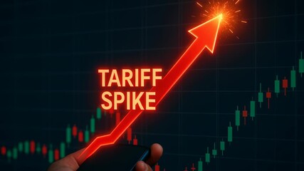 Hand holding smartphone displays financial chart with glowing red arrow, indicating tariff spike and market fluctuations, symbolizing economic trends - Powered by Adobe