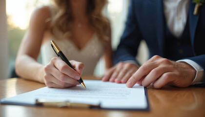 Bride and groom sign marriage contract on wedding day. Couple reviews legal document together, preparing for married life. Hands hold pen, making important decision about union.