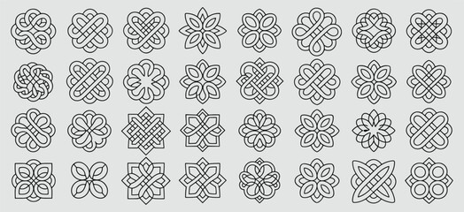 Geometric pattern vector set, 35 symmetrical knot and floral designs, decorative motif grid, black outline art, tessellation and symmetry illustration © MDABDULLAHAL