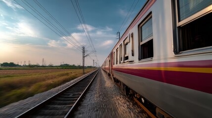 Obraz premium Cinematic Journey: Passenger Train Speeding Through Countryside with Stunning Depth Composition