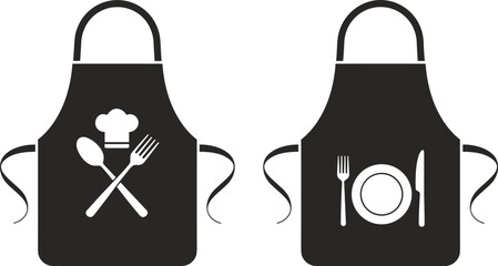 Kitchen apron vector illustration with cooking and dining icons, chef symbol, cutlery, plate graphic, black apron design for culinary and restaurant themes