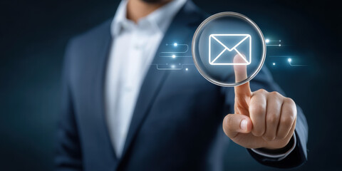 Businessman touch digital envelope icon phishing concept secure communication caution and alert feeling in modern office interface
