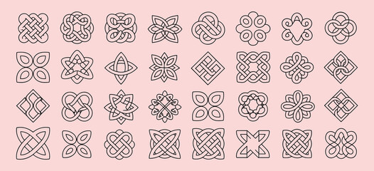 Intricate knot grid, symmetrical loop patterns, cultural motif vector, Celtic Chinese style, ornamental design set, decorative art, pink background, interwoven shapes
