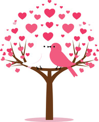 Love tree vector, heart-shaped leaves with birds, romantic illustration for Valentine’s Day, pink red affection design, cute couple artwork