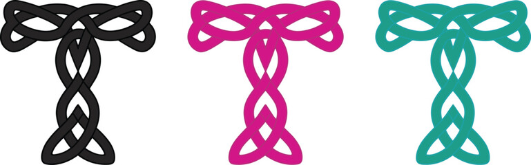 Letter T knotwork vector set, Celtic-style loop design, black magenta teal interwoven symbols, decorative monogram illustration, symmetrical graphic elements