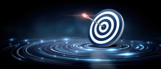 Digital target with arrow hitting bullseye conveys cybersecurity phishing concept and strategic precision in futuristic blue network scene