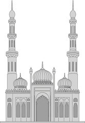 Mosque architecture vector, Islamic design with domes and minarets, ornamental arched entrance, cultural heritage illustration, symmetrical religious building artwork