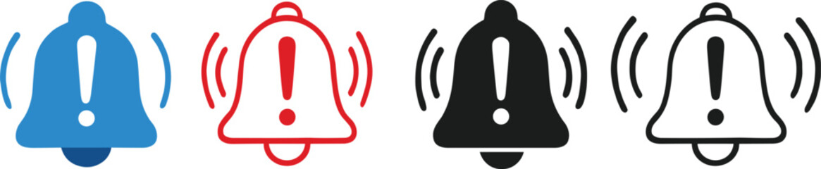Notification bell icon set, alert symbol vector, exclamation mark design, blue red black gray ringing bells, UI interface graphic elements