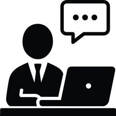 Remote work icon, person at desk with laptop, chat bubble communication, black and white silhouette, digital productivity vector, online workspace symbol
