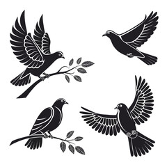 Vector art of set of dove silhouettes in various poses and with olive branch