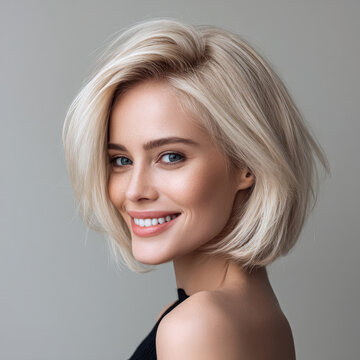Blonde woman bob hairstyle smiling, blue eyes, natural makeup, youthful, studio portrait, soft lighting, beauty concept