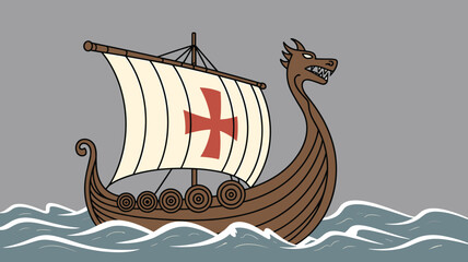 Viking ship vector, dragon prow longboat with shields and red cross sail, ocean wave illustration, historical Norse exploration artwork