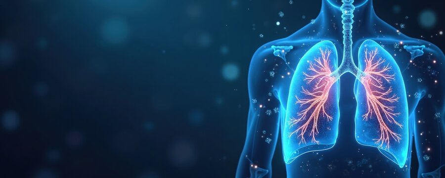 Human lungs illustration with tech elements on blue. Concept for organ transplant tech background. Healthcare promo material with human anatomy. Design ideal for medical presentations about - Powered by Adobe