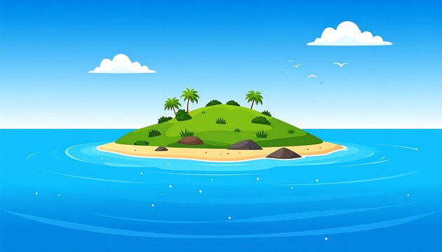 A vibrant cartoon depiction showcases a tropical island. The central landmass, lush with vegetation and palm trees, sits in a serene blue ocean. Fluffy clouds and birds complete the scene