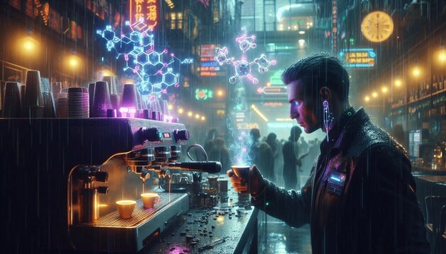Futuristic barista crafting molecular coffee in a vibrant, neon-lit cafe during a rainy cyberpunk night, offering a dynamic blend of science and indulgence
