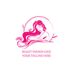 Elegant Beauty Fashion Logo with Pink Woman Silhouette and Flowing Hair on White Background
