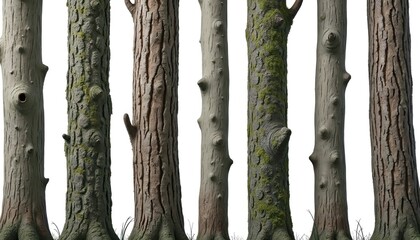 Different tree trunks isolated. Bark texture. Natural tree trunks on white backdrop. Various wooden textures. Tree trunks with various shapes. Nature elements for collage creation. Wood patterns on