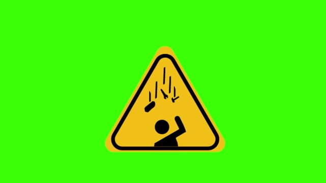 a flat-style vector icon showing objects falling toward a person inside a yellow warning triangle, no background.