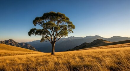 Fototapeta premium Lone tree stands in golden field, mountain range backdrop, clear blue sky above