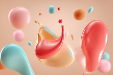 Floating pastel spheres and liquid shapes in soft color gradient