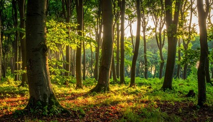Fototapeta premium A sun-dappled forest interior, with tall trees and dense foliage. Golden sunlight streams through the canopy, illuminating the leaves and forest floor