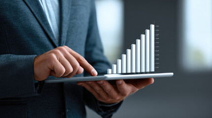 Businessman hand touching digital tablet with virtual bar graph showing financial growth and success