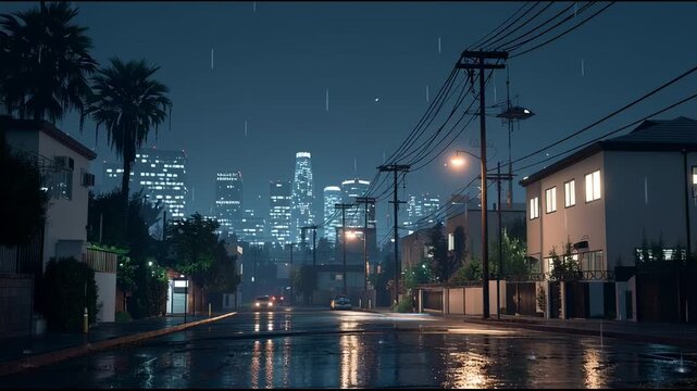 Rainy night suburb street with skyline reflections