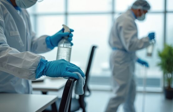 Team in protective suits sprays disinfectant on surfaces. Workers sanitize office space against viruses. Professionals clean area using spray bottle. Cleaning service performs sanitization during - Powered by Adobe