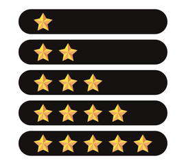Gold five star rating icon set on transparent background. Vector Illustration flat icon with lighted yellow golden and line stars for reviews, feedbacks products and services.