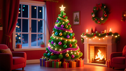 Naklejka premium 3D illustration of warm living room decoration for Christmas