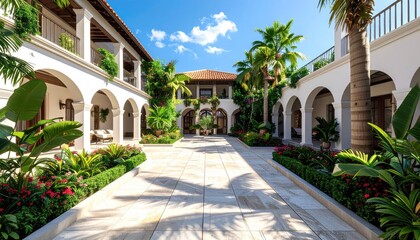 Luxurious White Courtyard Lined With Lush Tropical Plants And Flowers Under A Bright Blue Sunny Sky With White Clouds