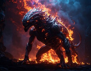 Fiery creature in dark cave with burning flames surrounding its form