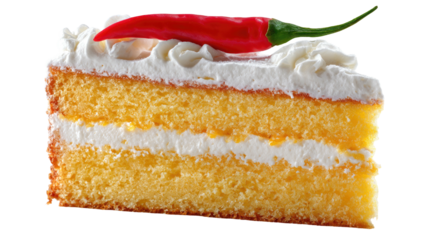 A delectable slice of cake with layers of yellow sponge and creamy white frosting, topped with red chili