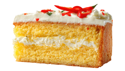 Slice of sponge cake with cream, topped with red chiles and green herbs, isolated against white