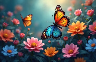 Vibrant butterfly flies in rich garden. Many colorful pink, orange, blue flowers bloom. Nature beauty scene with delicate insect, elegant wings. Spring, summer dream. Fresh growth, bright colors