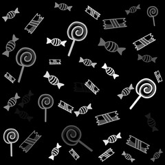 Sweet Candy Seamless Black and White Halloween Pattern &ndash; Tileable Spooky Background with Icons and Symbols