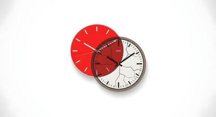 Symbolic representation of time's passage and fragility, a cracked clock face merging with a vibrant red clock suggesting urgency and impending deadlines or lost opportunities.