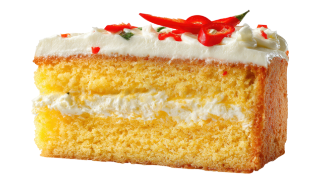Slice of sponge cake with cream, topped with red chiles and green herbs, isolated against white