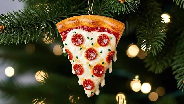 Pizza slice ornament hanging on Christmas tree with lights  