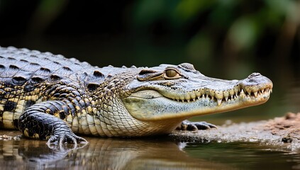 Fototapeta premium Close-Up View of a Crocodile Relaxing by the Water Edge in Nature