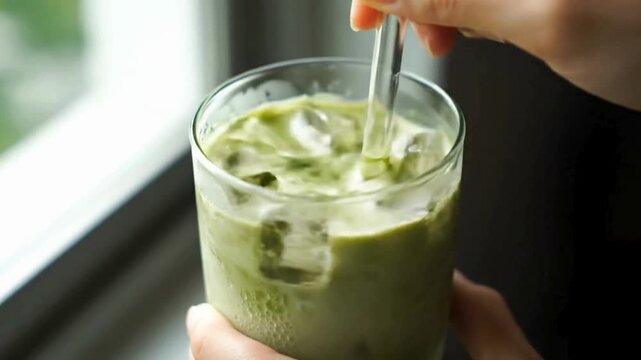 Faceless video stir matcha latte with clear straw