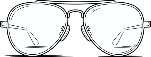 Aviator eyeglasses vector, black and white line drawing with double bridge, classic optical frame illustration for fashion, print, merchandise, branding