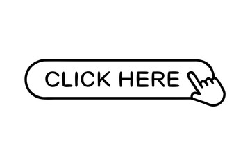 Click here button with hand clicking in flat style, flat Finger cursor isolated on white background. Click button for app and web design, vector icon illustration